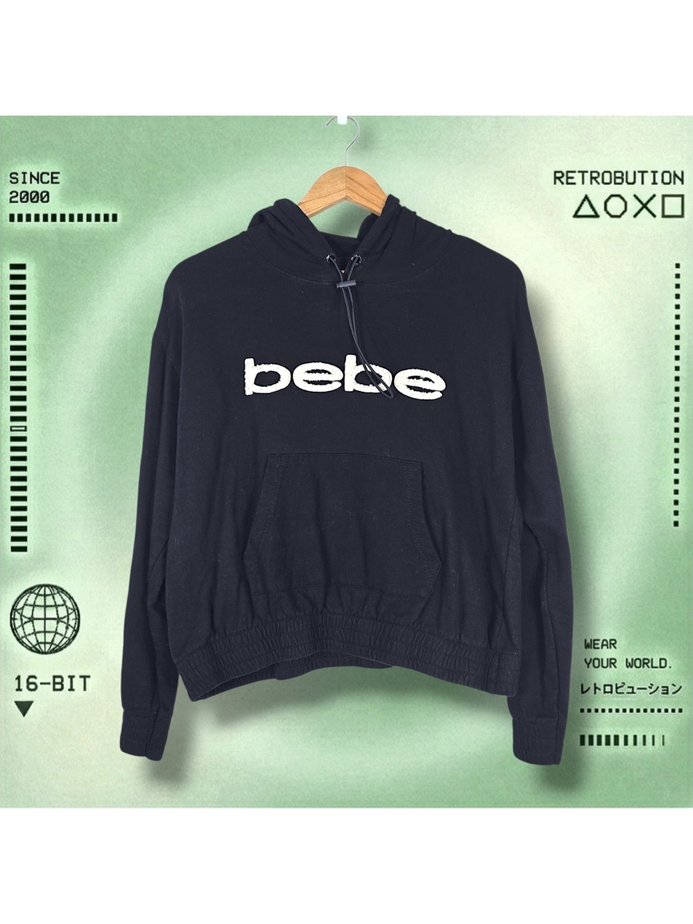 Y2K Bebe Spell Out Hoodie Sweatshirt Black Size L